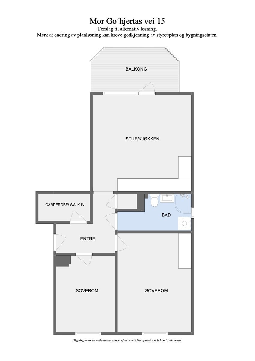 Alternativ planløsning med 2 soverom - krever tillatelse fra styret. Galleribilde