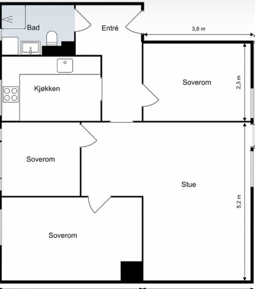 Alternativ plantegning. Det er mulig å gjøre leiligheten om til en 4-roms ved etablering av et ekstra soverom der spisestue er innredet. Galleribilde