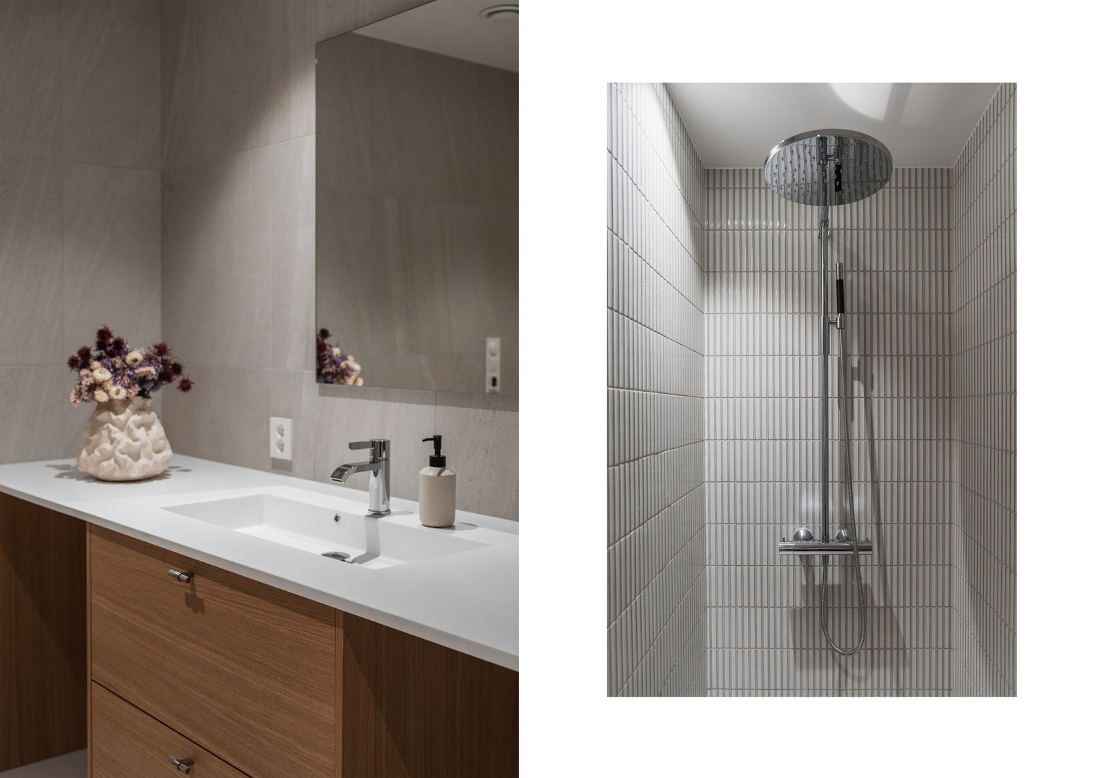 Baderom med tidløse og delikate 60 x 60 fliser og mosaikkfliser mot dusjnisje. Komplett takdusjløsning i lekkert og stilrent design med rene linjer fra Tapwell, dusjhode m/takdusjløsning. Galleribilde