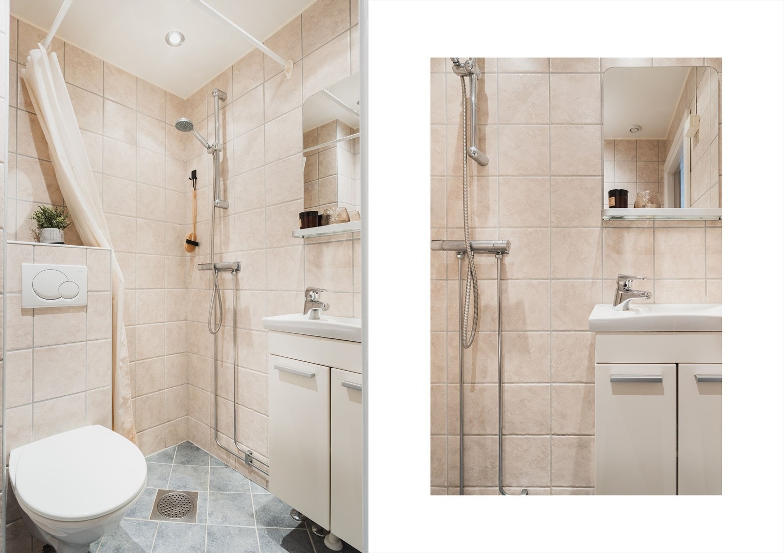 Lyst flislagt bad med varme i gulv og downlights. Galleribilde