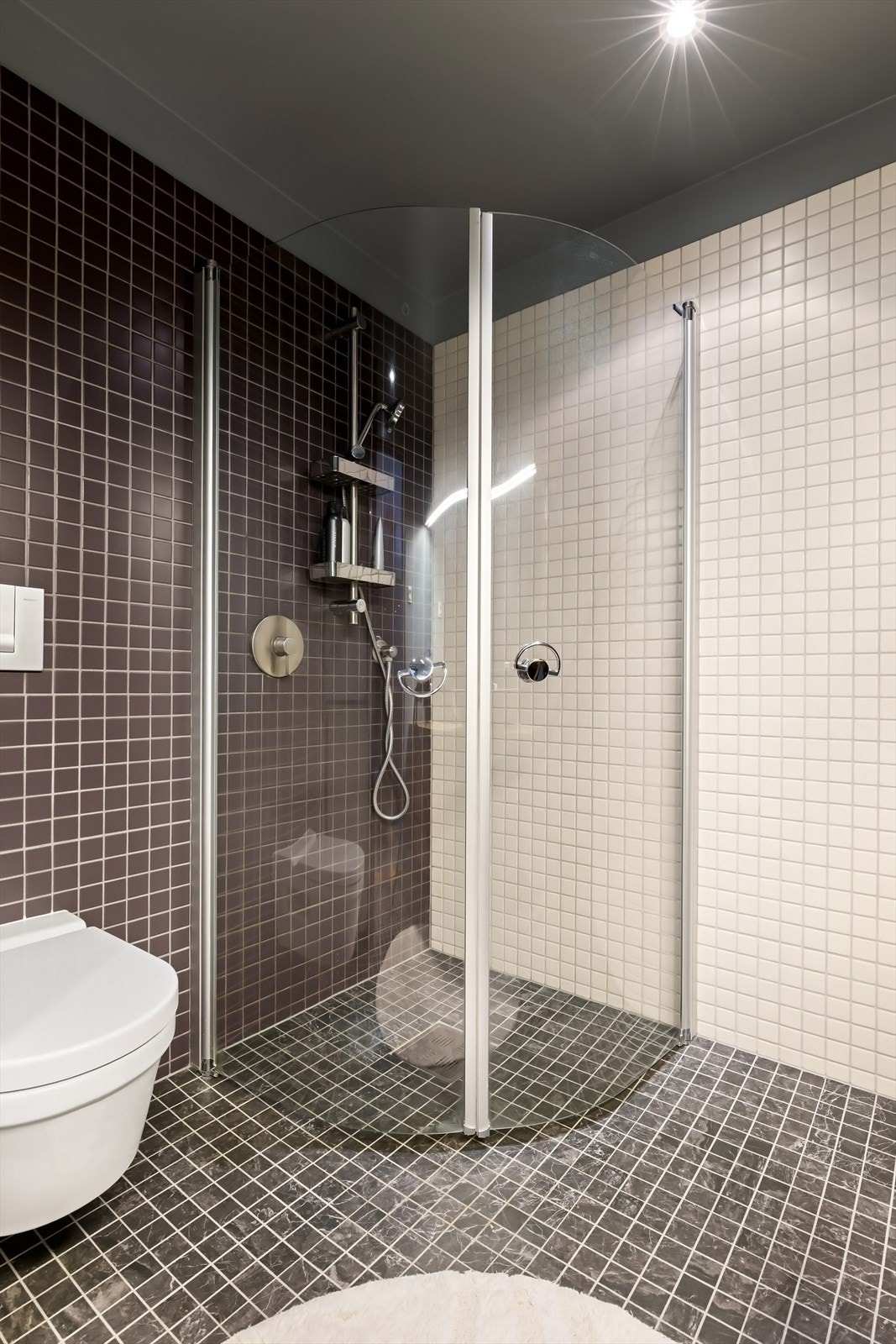 Badet har dusj med innfellbare dører i herdet glass og veggfestet toalett Galleribilde