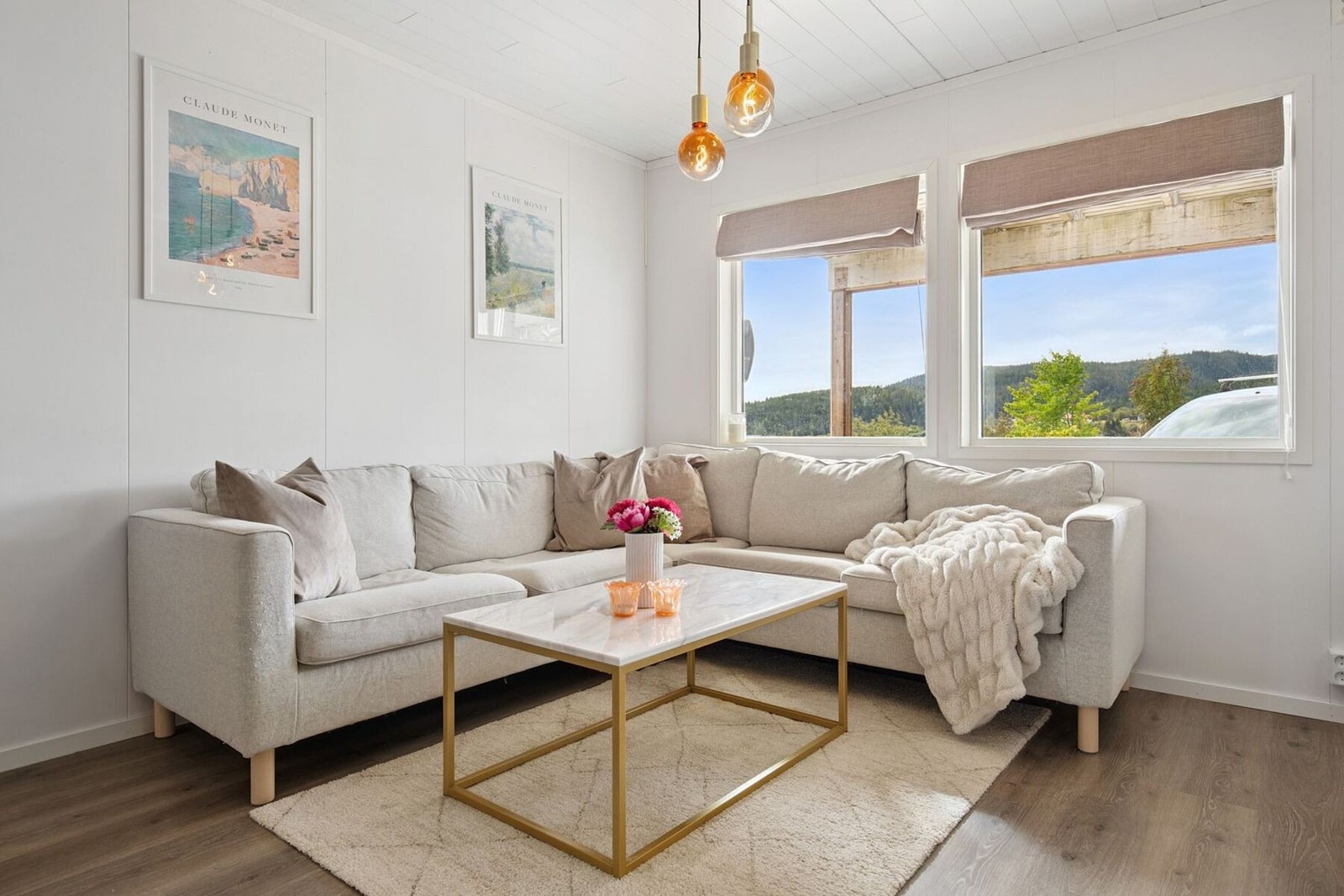 Boligen har store vindusflater som slipper inn rikelig med naturlig lys og skaper en gjennomgående lys og luftig atmosfære. Galleribilde