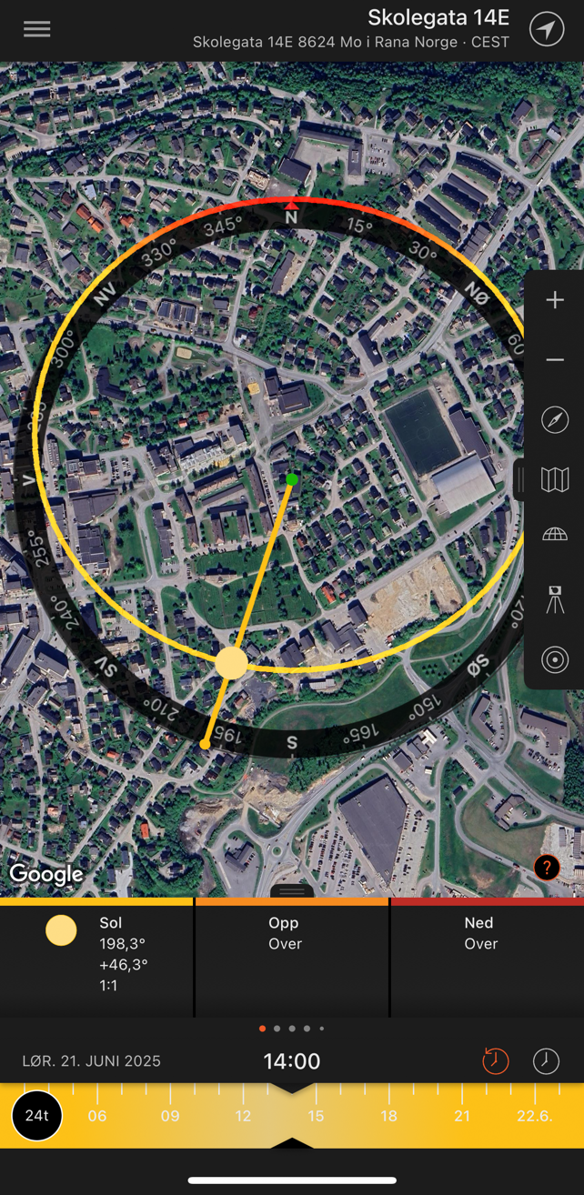 Her vises solgangen. Det er tatt utgangspunkt i kl 14:00 den 21. Juni. Fasaden er i hovedsak vendt mot sør-vest og vest. Solgangen er selvsagt væravhengig. Galleribilde