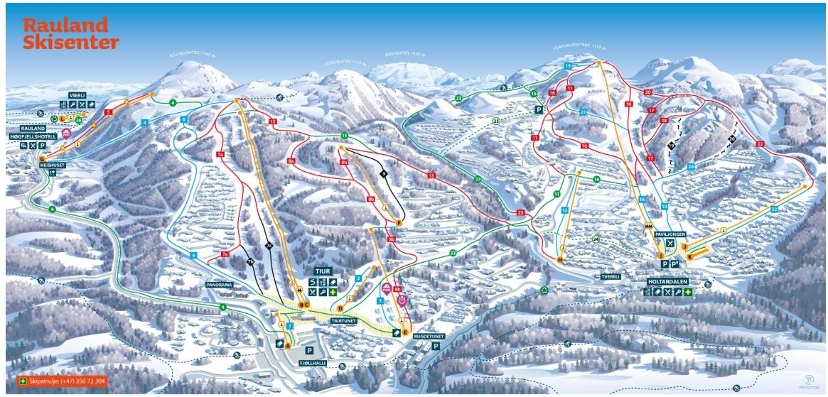 Skikart over Rauland. Leiligheten ligger omtrent der hvor det står "Tiur" i skisenteret. Galleribilde
