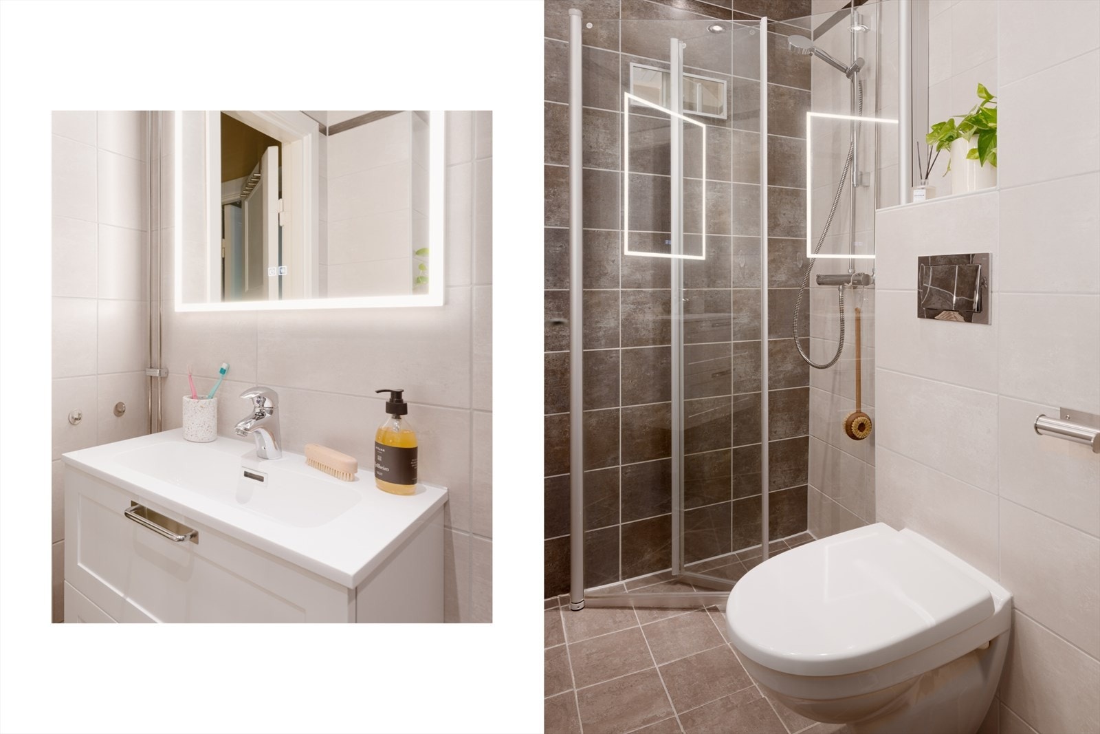 Badet er utstyrt med Halogen downlight belysning, servantskap (2025), veggmontert speil (2025), veggklosett og svingbare dusjvegger av herdet glass. Galleribilde