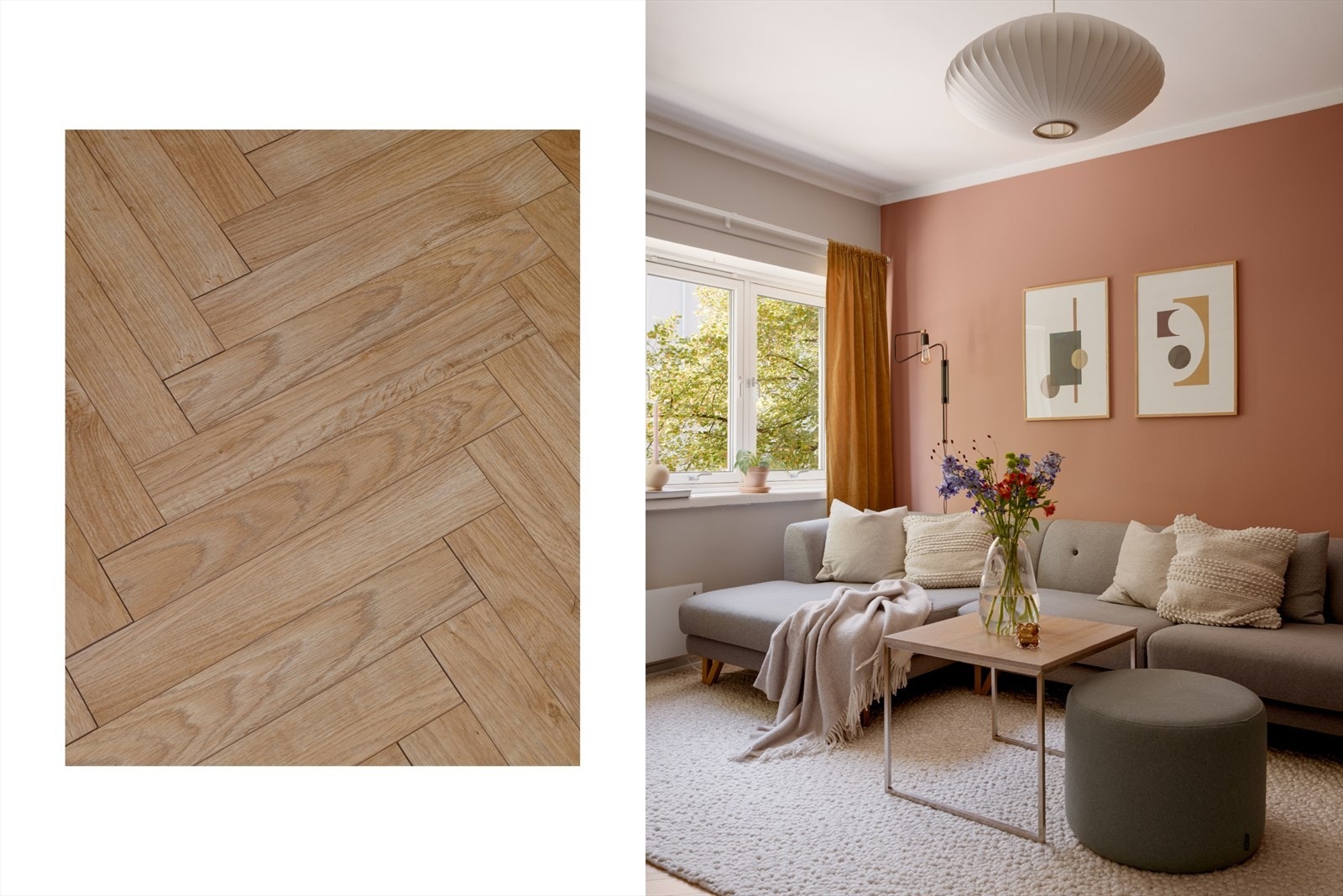 Boligen har nydelig fiskebensmønster på gulv i stue og kjøkken, som gir rommene karakter og det lille ekstra. Galleribilde