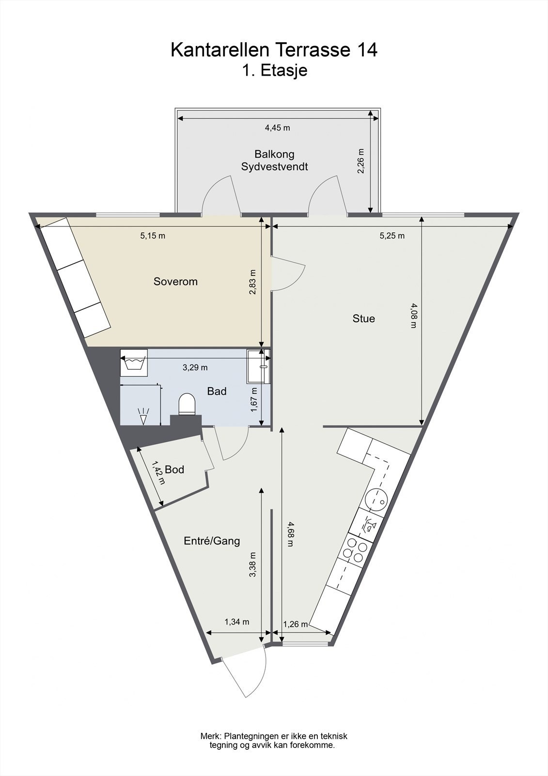 Plantegningen viser en arealeffektiv leilighet på 63 m² med entré, bad, stue, kjøkken og soverom. Galleribilde