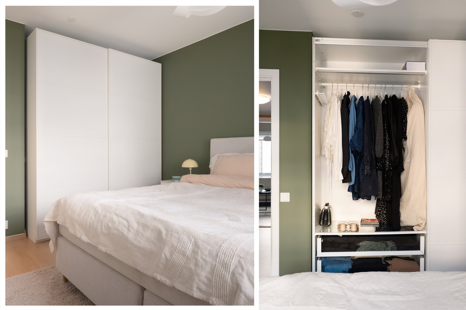 Det er rikelig med oppbevaringsplass i en romslig skyvedørsgarderobe. Garderobeskap medfølger. Galleribilde