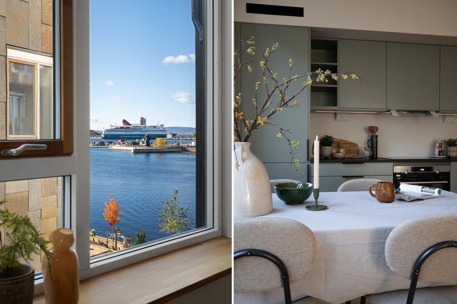 Utsikt mot sjøen og detalj fra kjøkkenet. Galleribilde