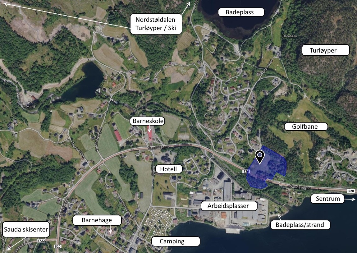 Nærområde. Eiendom merket blått Galleribilde