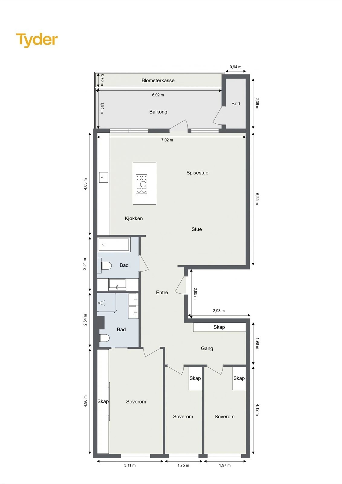 Alternativ plantegning med 2 bad. Galleribilde