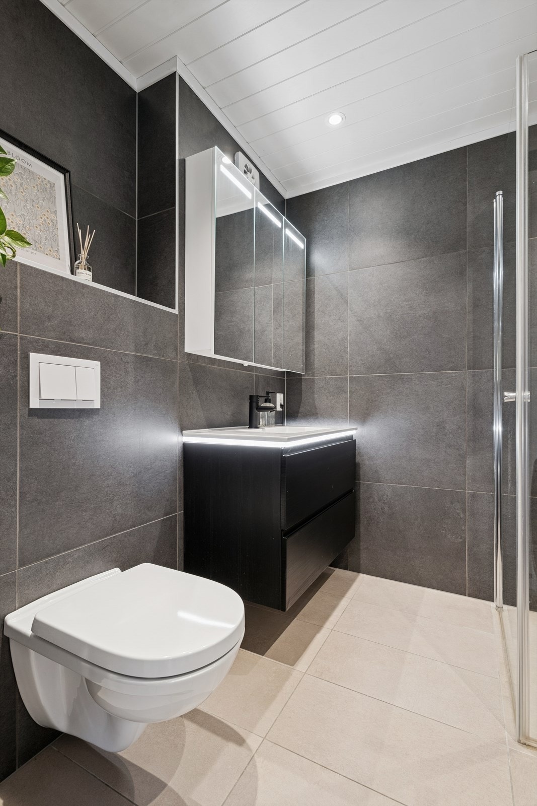 Innredningen består av en dobbel servant med underskap, speil med belysning og veggmontert toalett. Galleribilde