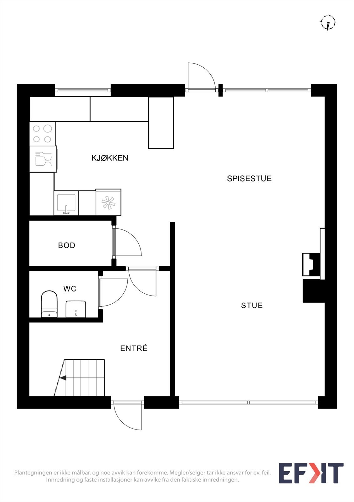 Plantegningen for første etasje viser entré, toalettrom, bod, kjøkken og stue/spisestue. Galleribilde