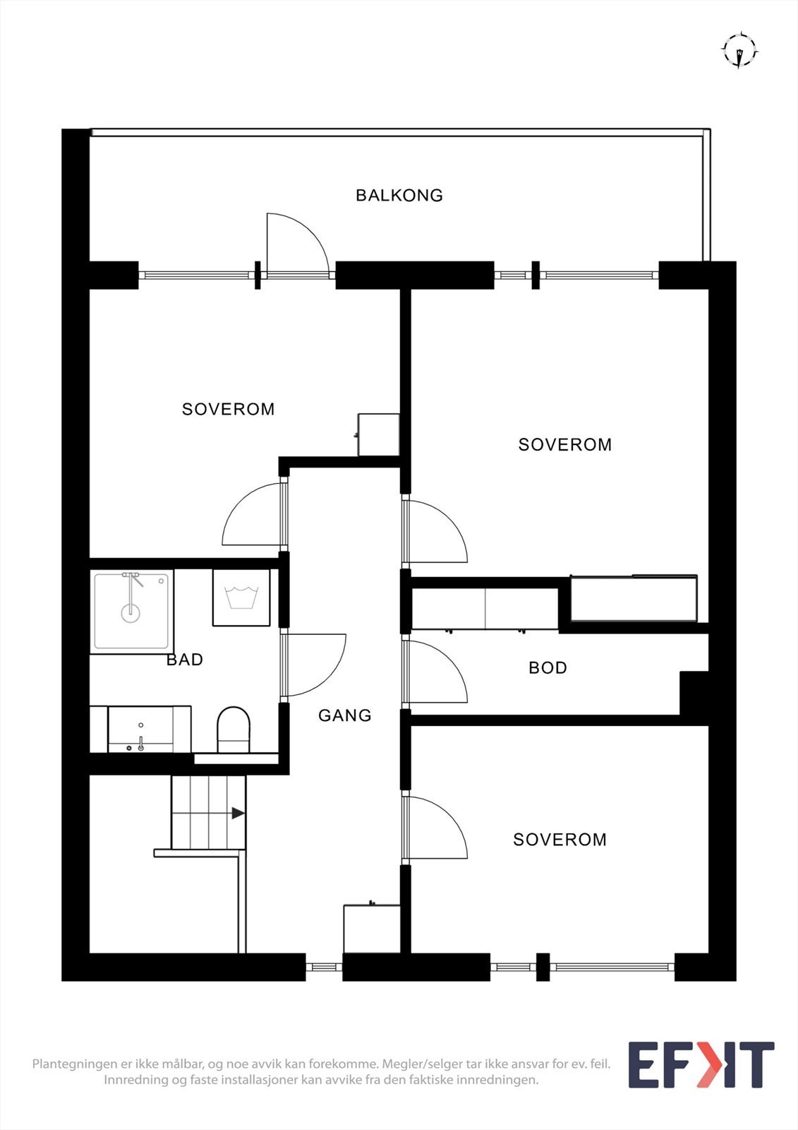 Andre etasje inneholder tre soverom, en bod, gang og et bad rehabilitert i 2021. Galleribilde