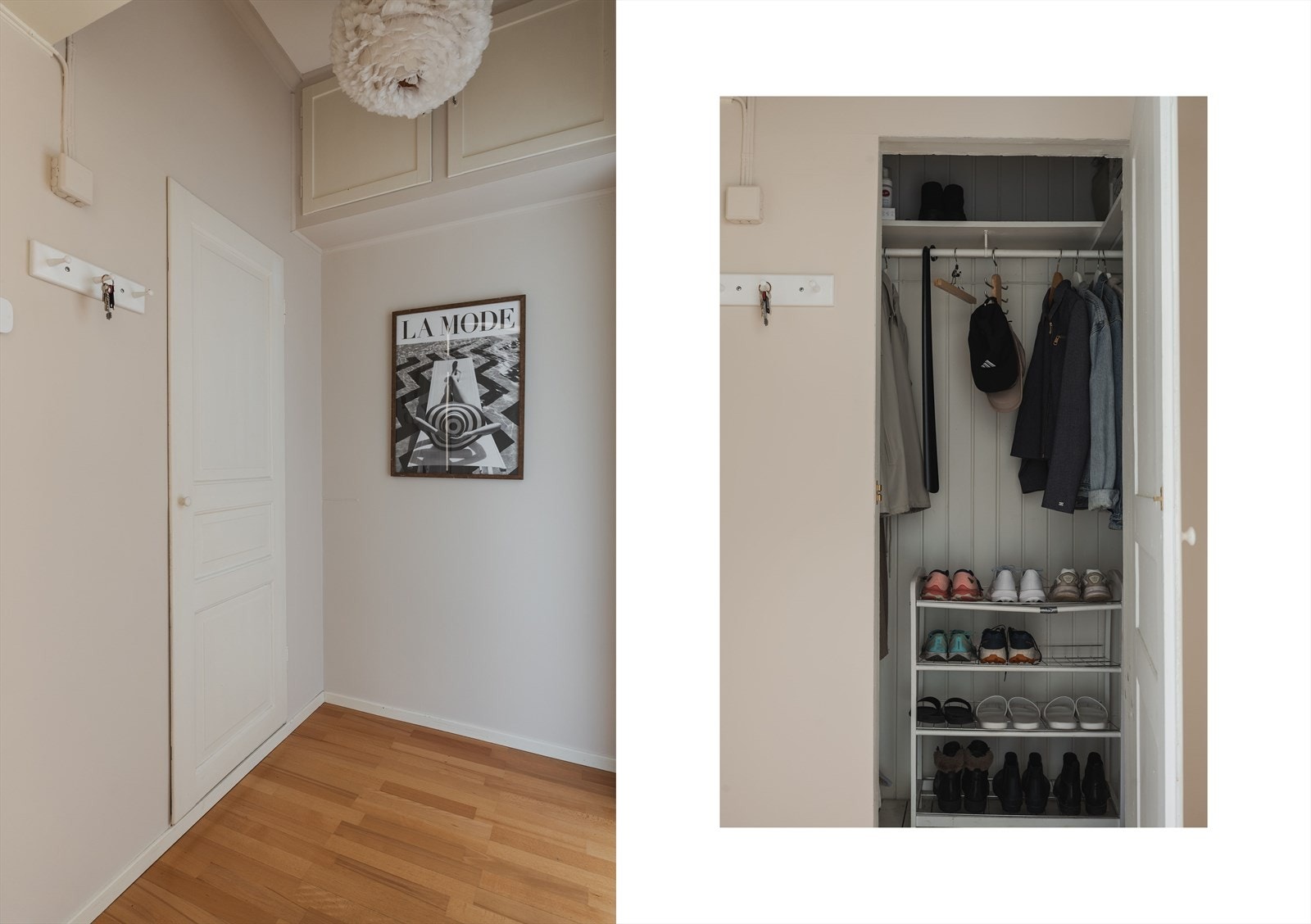 Romslig og praktisk entré med oppbevaring av sko og klær i innebygget skap. Galleribilde