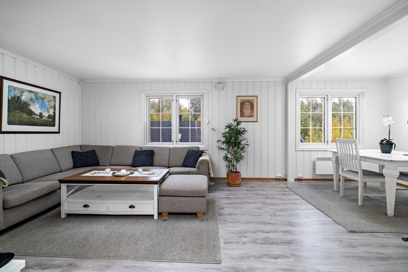 Rommet gir plass til møblering av både sofa- og spisegruppe. Galleribilde