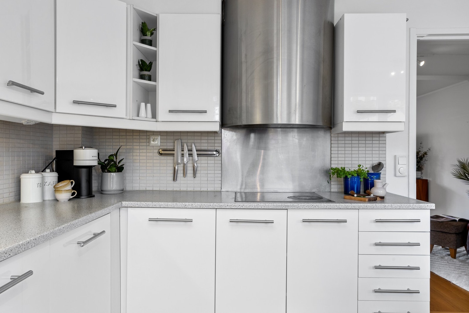 Integrert stekeovn, induksjonstopp og oppvaskmaskin. Oppvaskmaskin og stekeovnen er fra 2021. Galleribilde