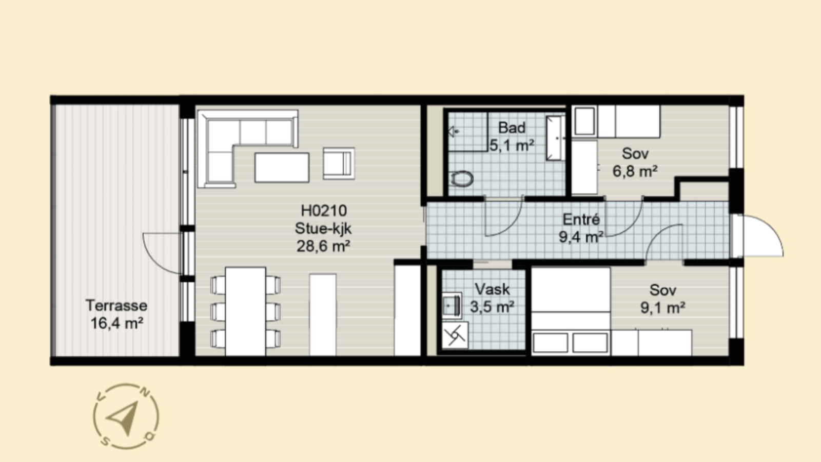 Planskisse. Leiligheten disponerer også sportsbod i kjeller. Galleribilde