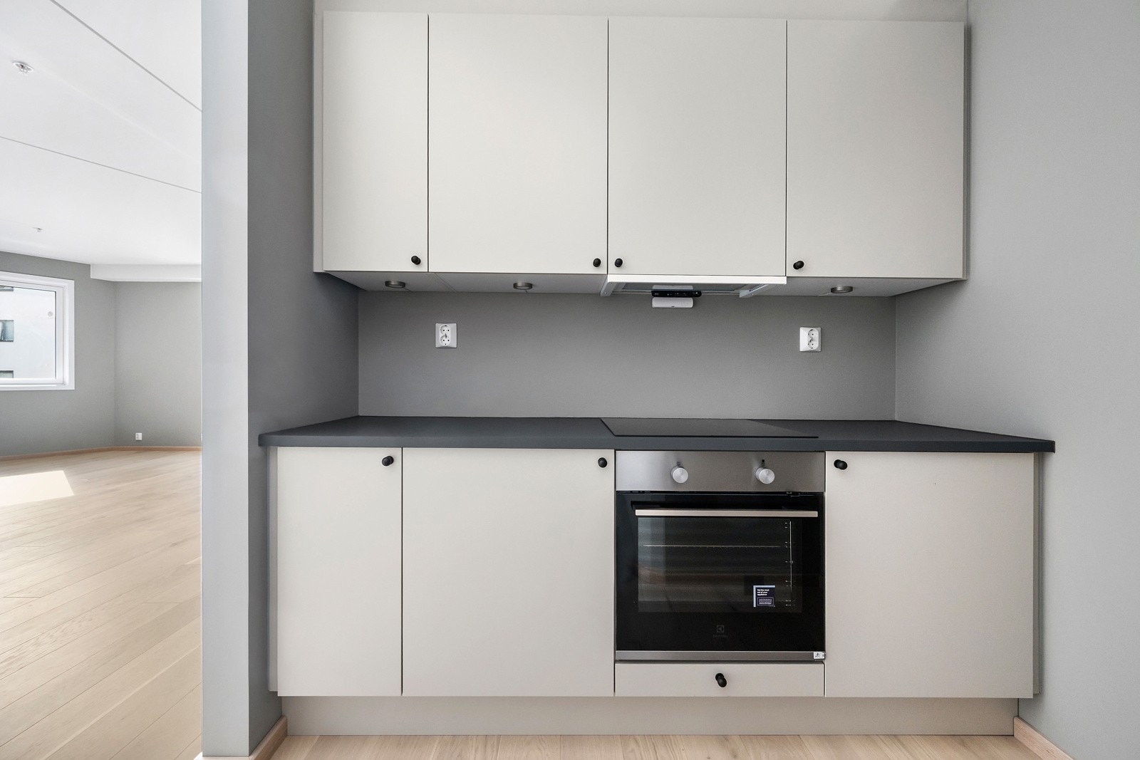 Benkeplate i laminat med nedfelt kum fra Franke, ventilator med kullfilter og komfyrvakt. Galleribilde