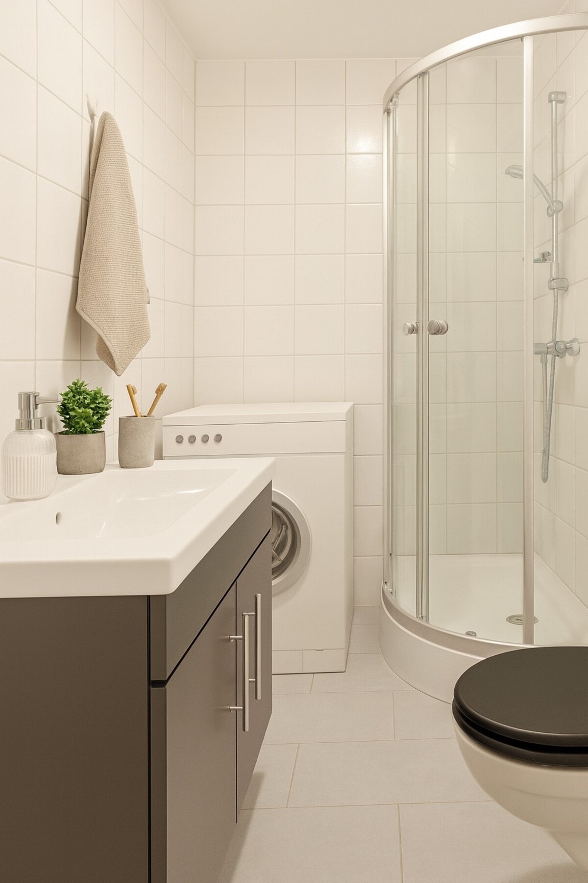 Det blir et moderne og flislagt baderom. Galleribilde