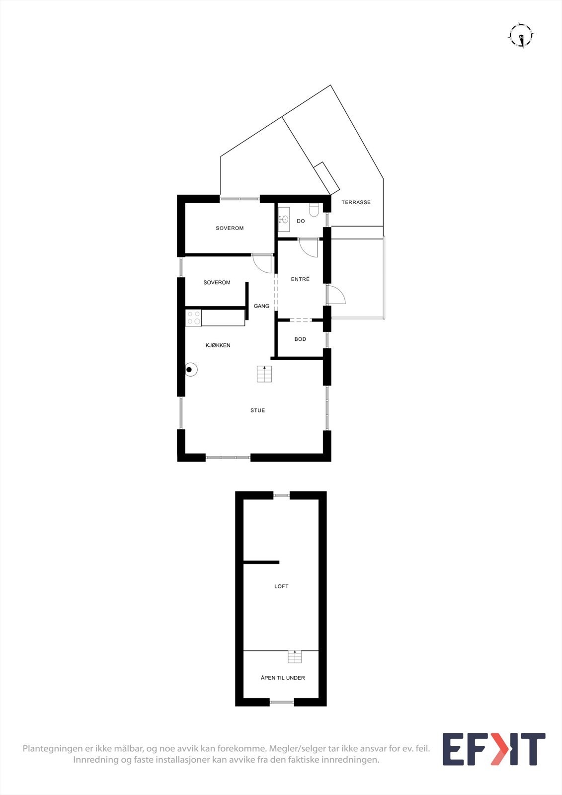 Plantegningen viser en arealeffektiv hytte med åpen stue- og kjøkkenløsning, soverom, sovealkove og hems. Galleribilde