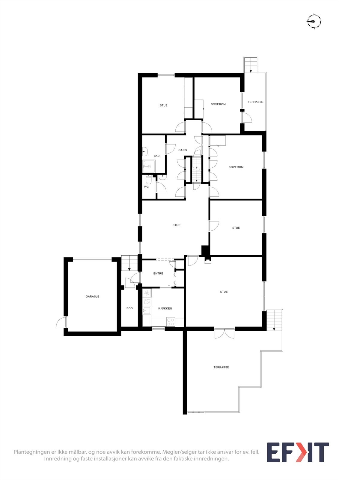 Plantegningen for første etasje viser en innholdsrik planløsning med blant annet fire soverom, 2 stuer og kjøkken. Galleribilde