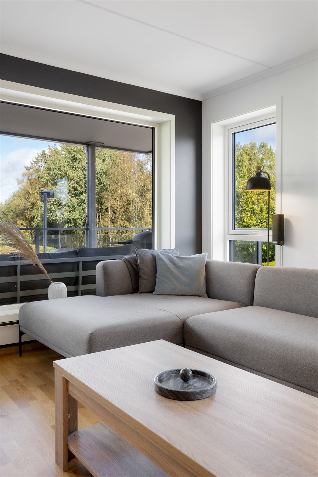 Stor vindusflater i stue gir god tilgang på naturlig lys Galleribilde