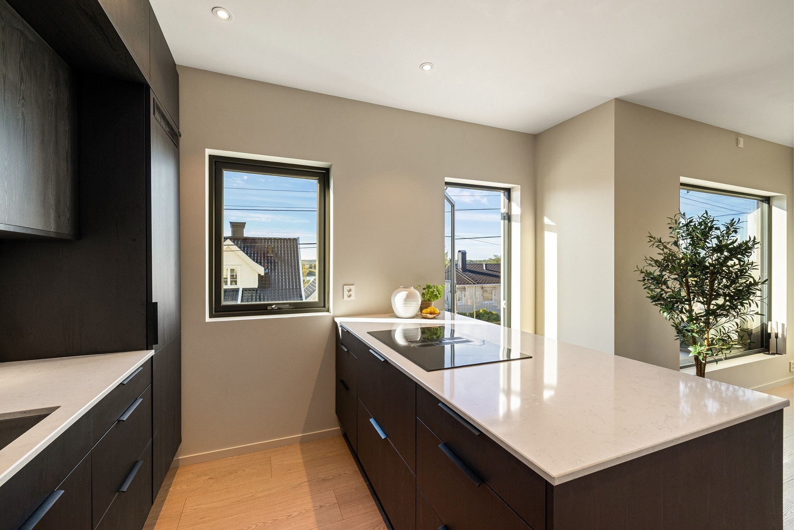 Fra kjøkkenet er det utsyn mot nabolaget, og Tunevannet. Galleribilde