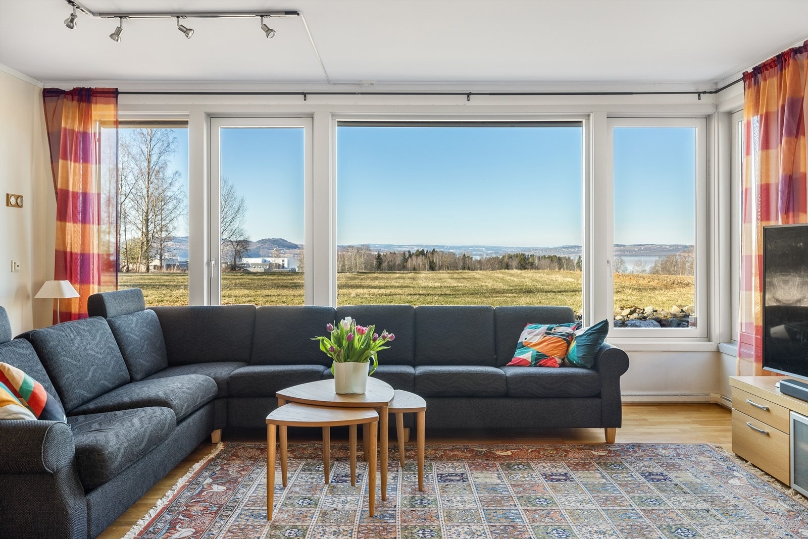 Nordsiden av leiligheten blir den naturlige delen av stua å plassere sofagruppe og TV-møblement. Veggen til høyre i bildet er en forsterket, egnet for å henge opp TV-en. Galleribilde