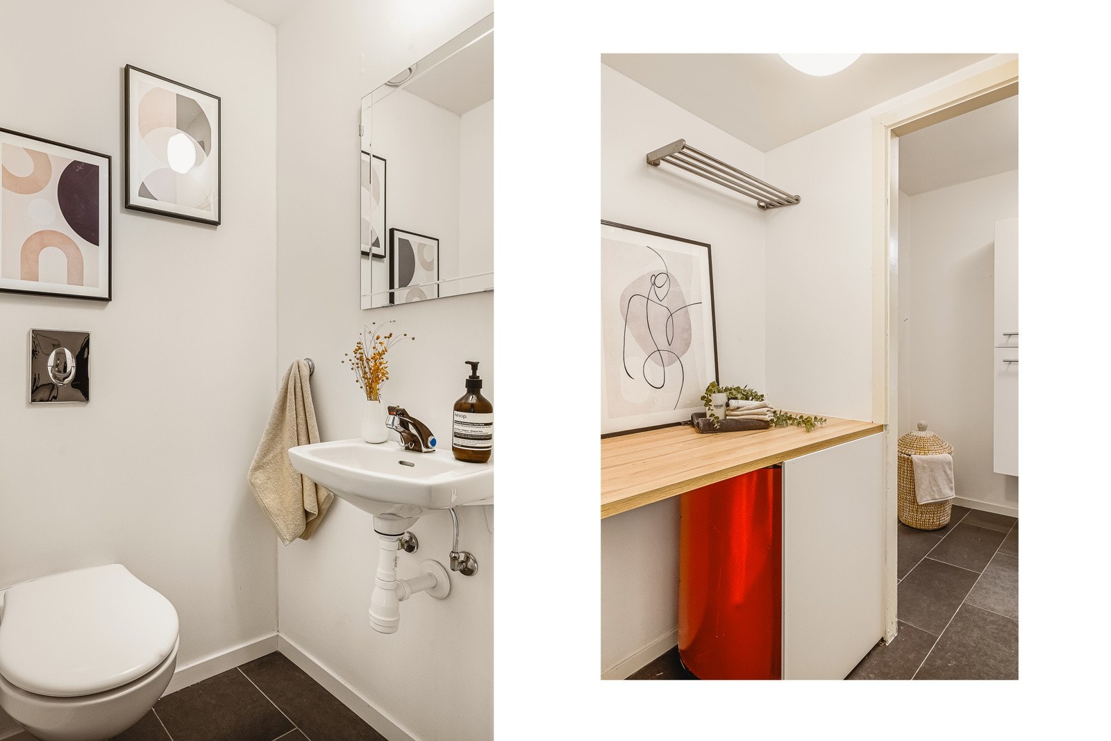 - Inngangen til badet er avskilt med benkeplate for klesvask, og vegg i vegg med badet ligger et toalettrom - Galleribilde