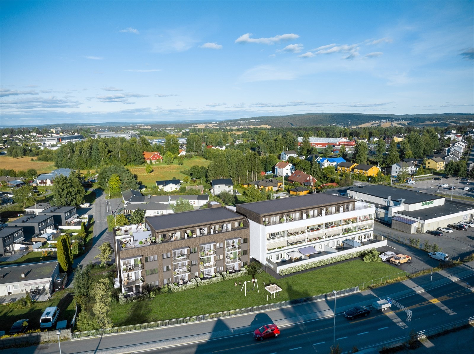 Illustrasjonstegning - avvik vil forekomme. Bilde av hvordan prosjektet vil se ut når etasjen på Korshagen 3 også står ferdig. Galleribilde