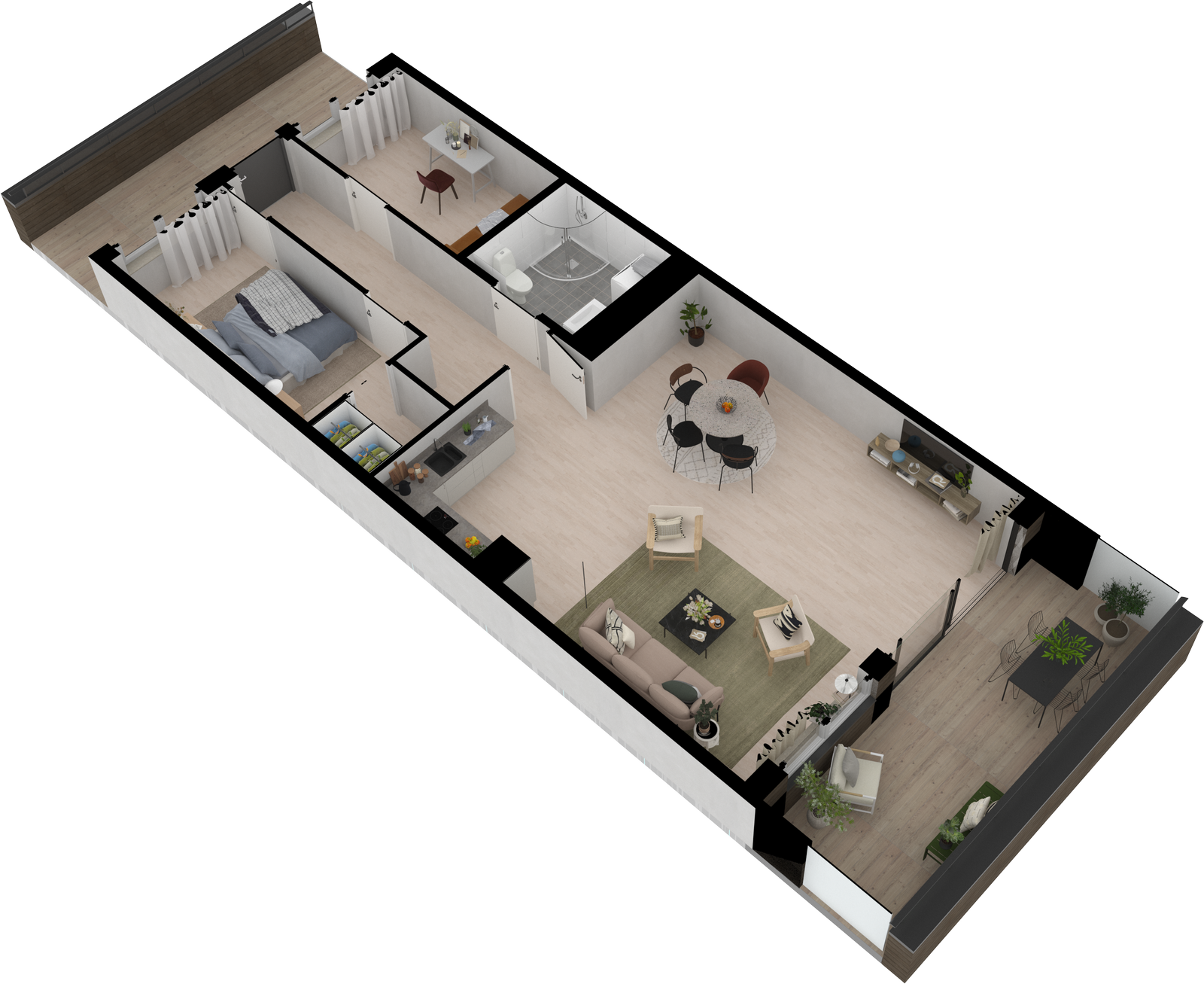 Gjennomgående planløsning med stor, solrik terrasse. Galleribilde