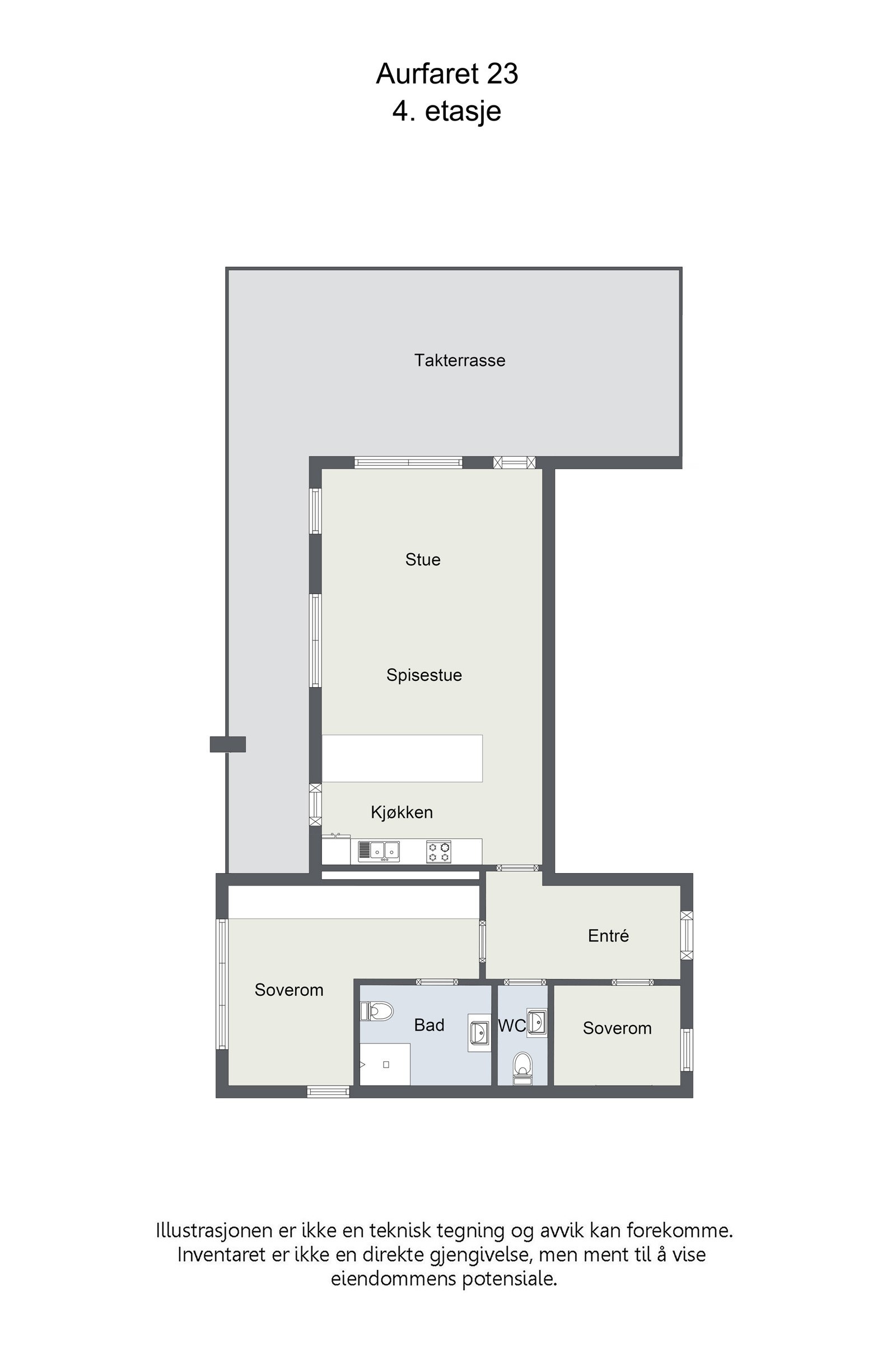 Plantegning, merk at leiligheten strekker seg over hele toppetasjen i bygget, mao. ingen støy fra naboer. Galleribilde