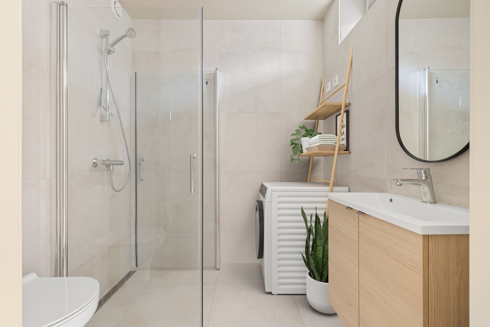 Badet har i likhet med kjøkkenet innredning fra danske Aubo. Horisontalstilt vindu oppunder himlingen gir naturlig overlys. Galleribilde