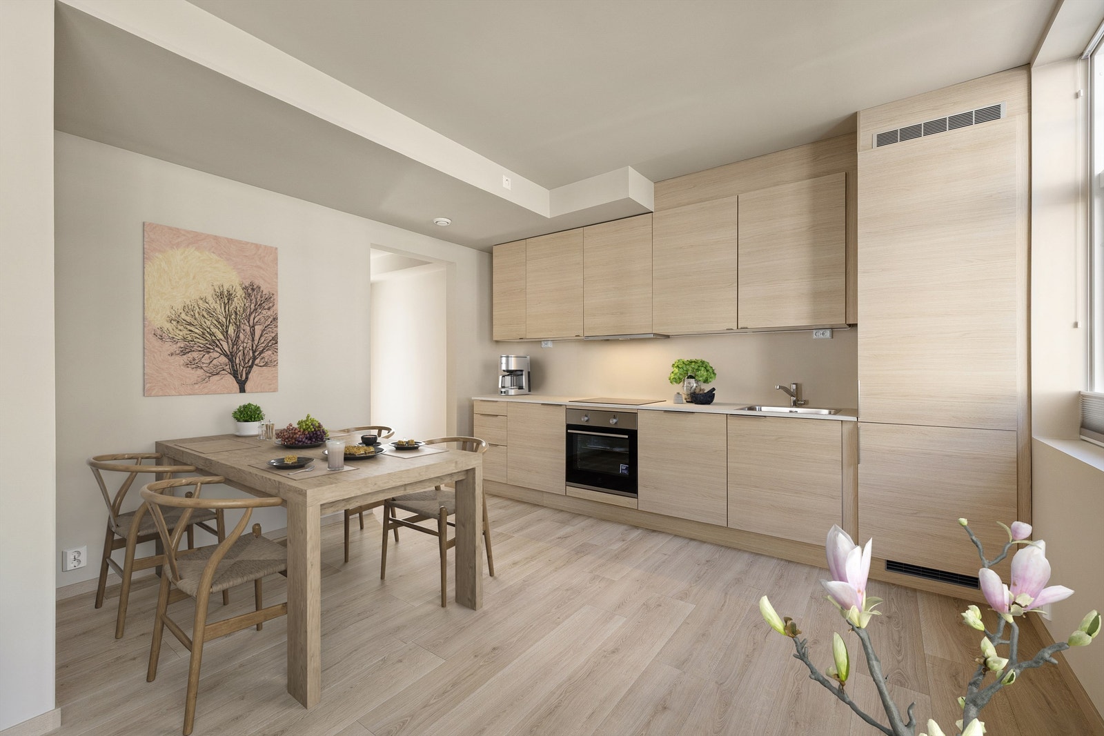 Leilighetens indre er utformet av studio Kaya & Co. Resultatet er et svært helhetlig og delikat uttrykk. Alle innvendige bilder er digitalt stylet. Galleribilde