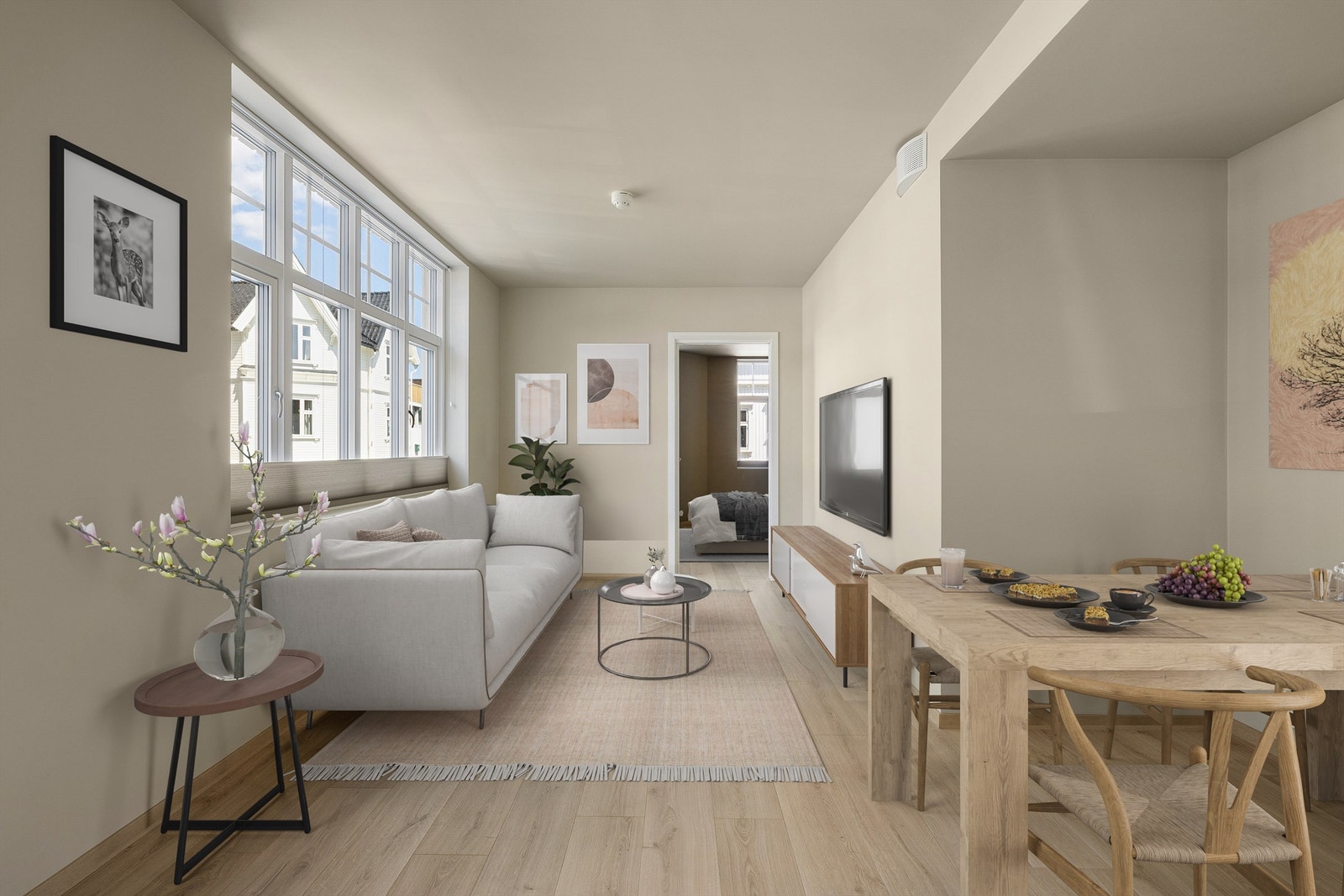 Gulvene er av slitesterk laminat av typen Pergo Lillehammer Pure Oak. Vegger og himlinger er utført listefritt og helmalt i samme kulør. Galleribilde