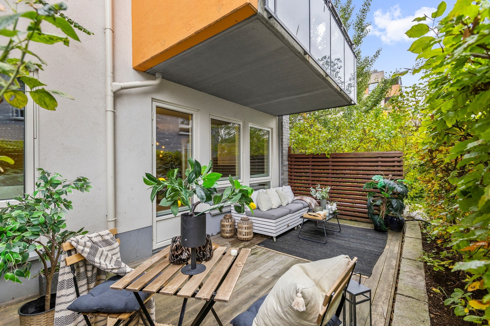 Skjermet og fredelig uteplass med grønne planter Galleribilde