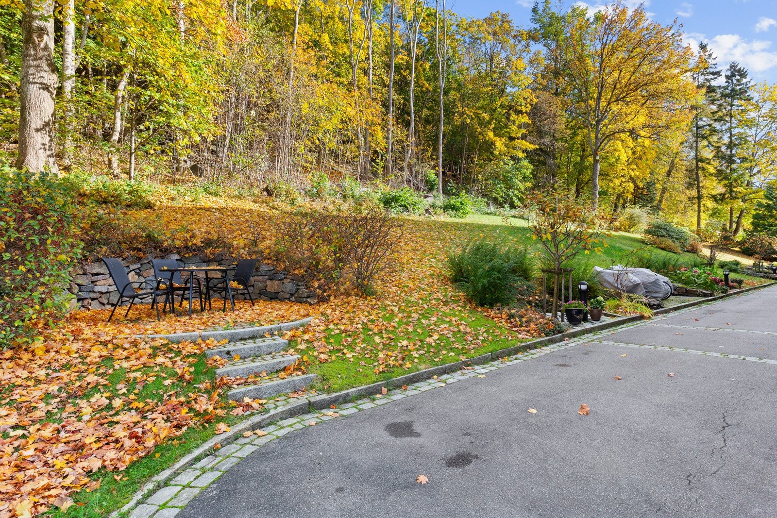 Tomten er pent opparbeidet med gress, beplantning, busker, trær m.m. Det er felles lekeplass samt sittegrupper. Galleribilde