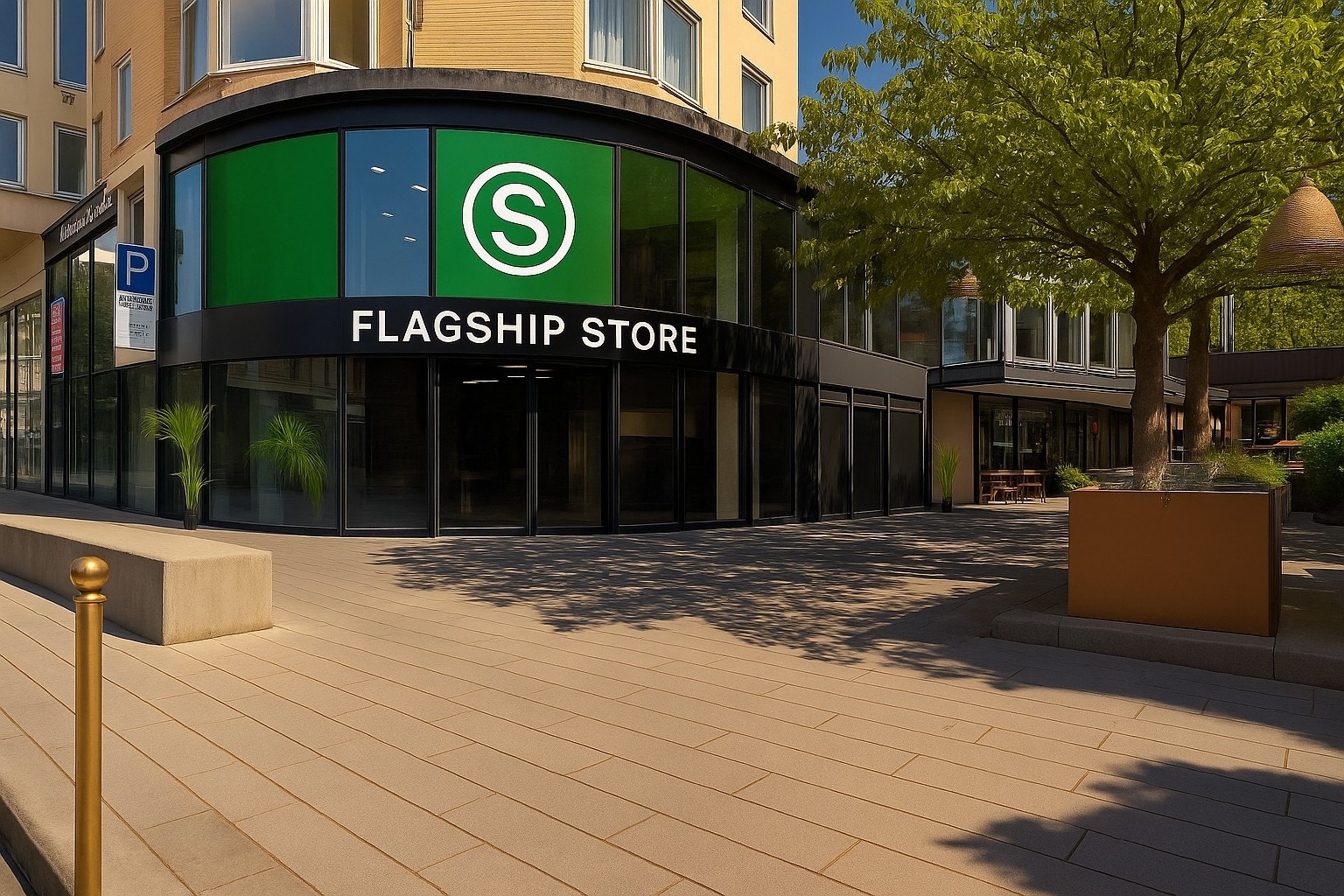 Flott hjørnebeliggenhet med store vinduer og moderne fasade Galleribilde