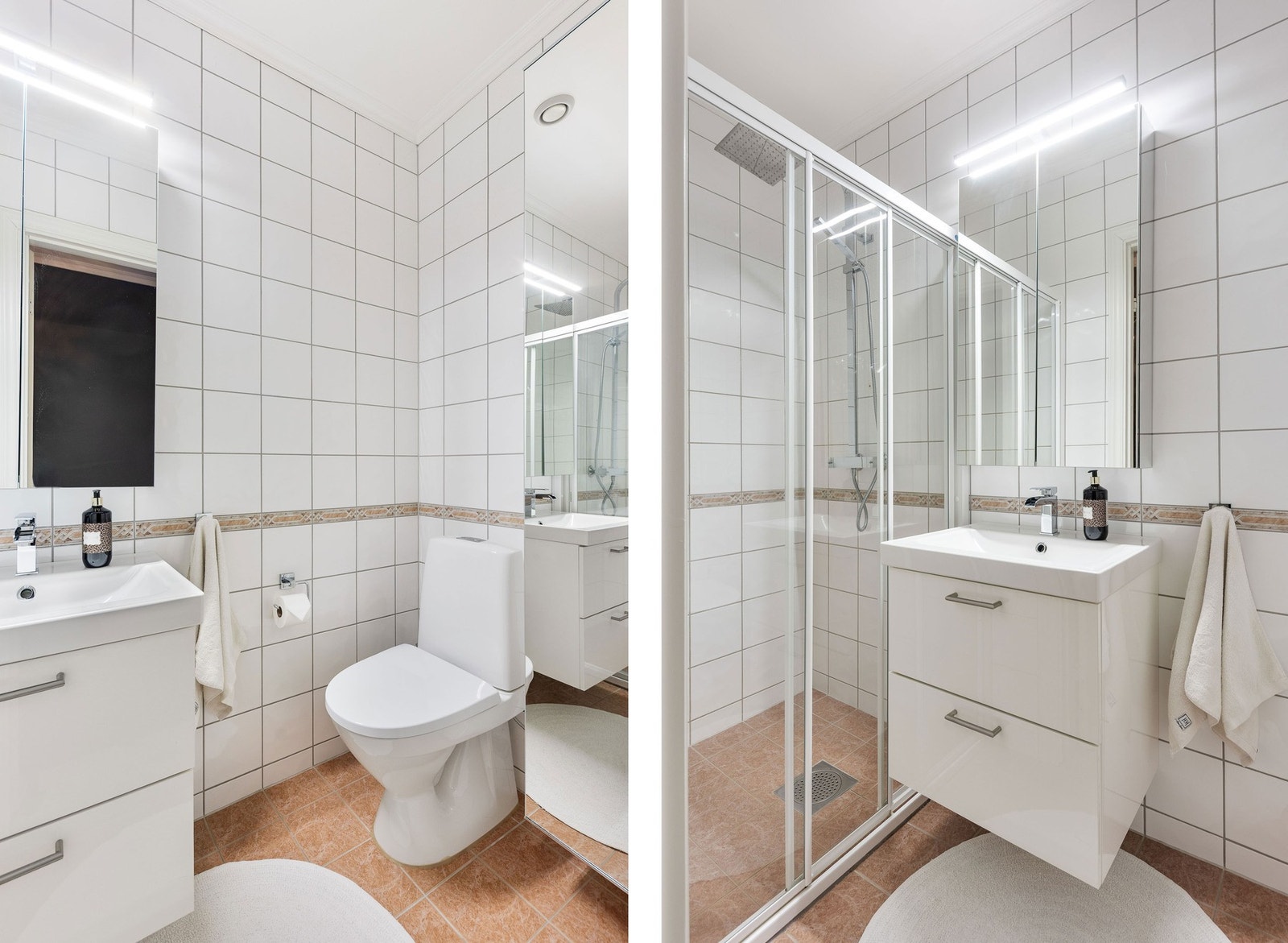 Det andre badet er også flislagt og har servant i innredning, toalett og romslig dusj. Galleribilde