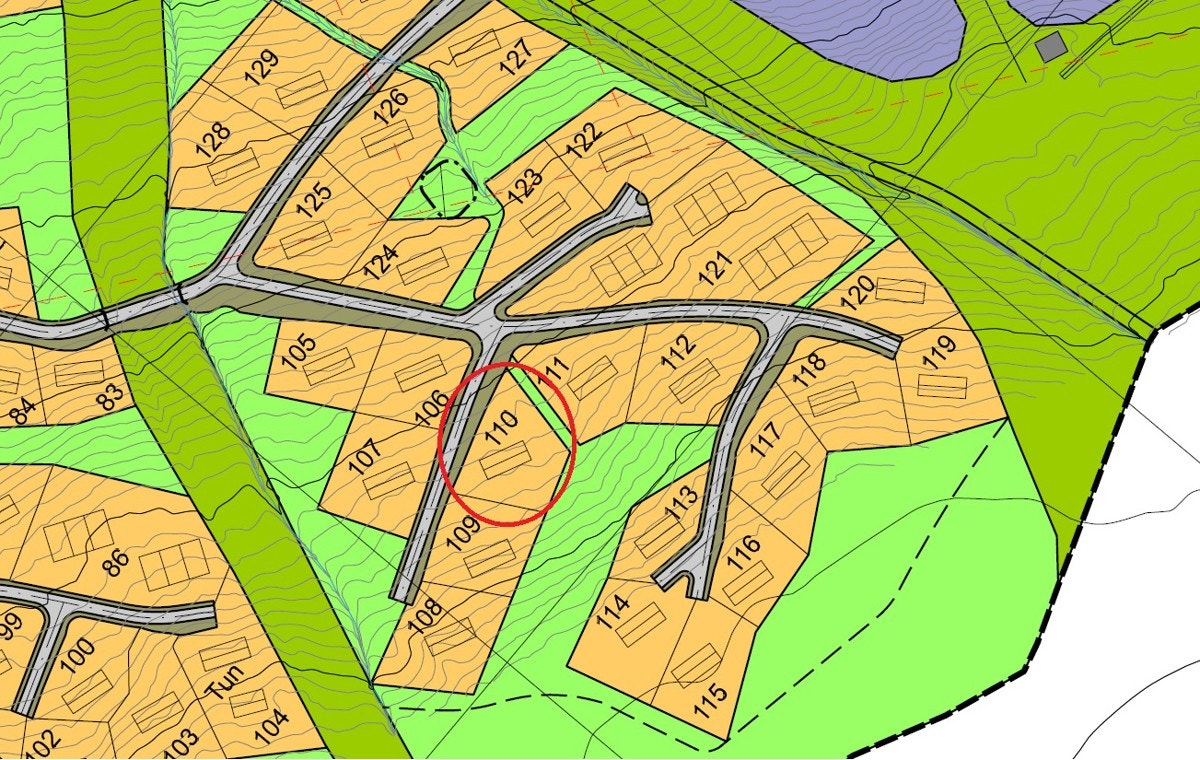 Tomten markert innenfor oransje ring. Galleribilde