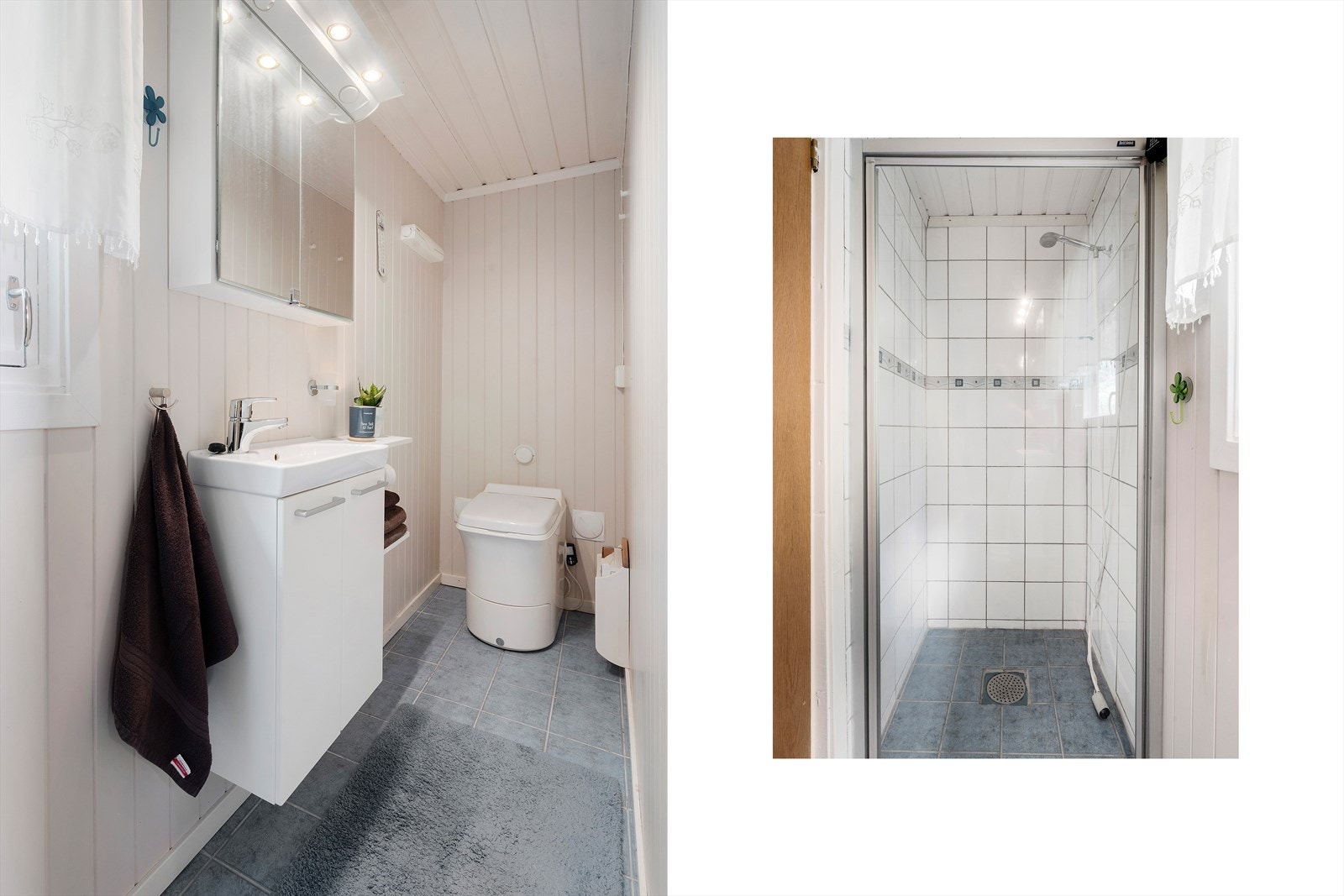 Bad med flislagt dusjhjørne, forbrenningstoalett og vegghengt servant. Galleribilde