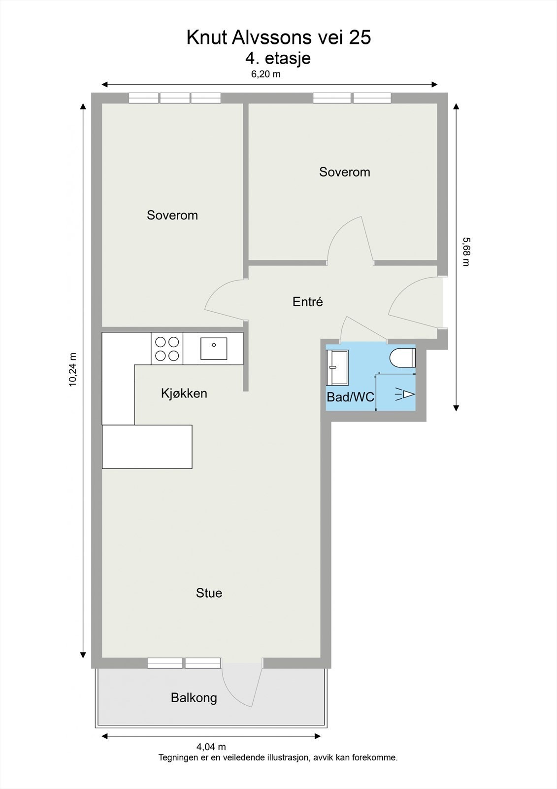 Leiligheten ligger i byggets 4.etasje og har en god planløsning som inneholder åpen stue- og kjøkkenløsning med utgang til balkong, to soverom og bad. Galleribilde