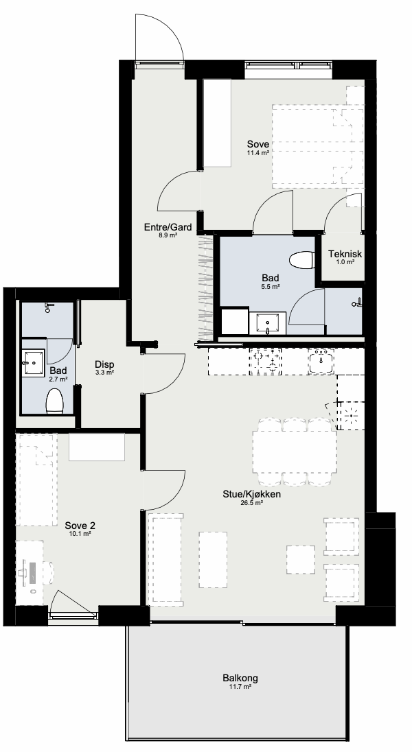Effektive 74,5kvm med 2 bad og 2 soverom Galleribilde