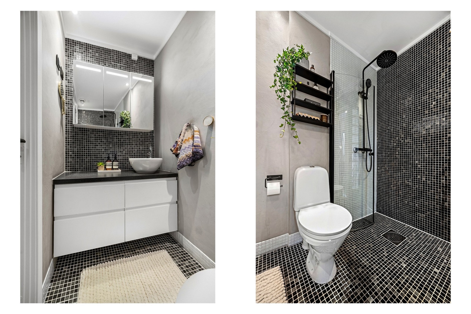 Badet ble oppgradert i 2021 med blant annet ny innredning og nye fliser på vegg mot soverom i dusjsonen. Galleribilde