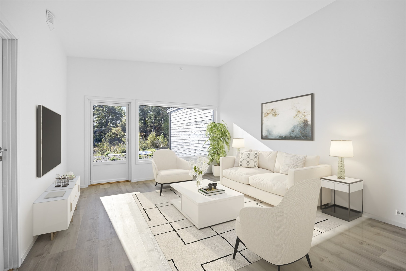 Digitalt møblert bilde for illustrasjon. Fra stue er det utgang til terrasse og tilhørende hage. Galleribilde