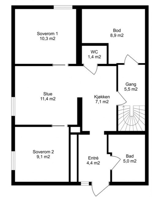 Plantegning. Dør fra kjøkken går til areal disponert av utleier Galleribilde