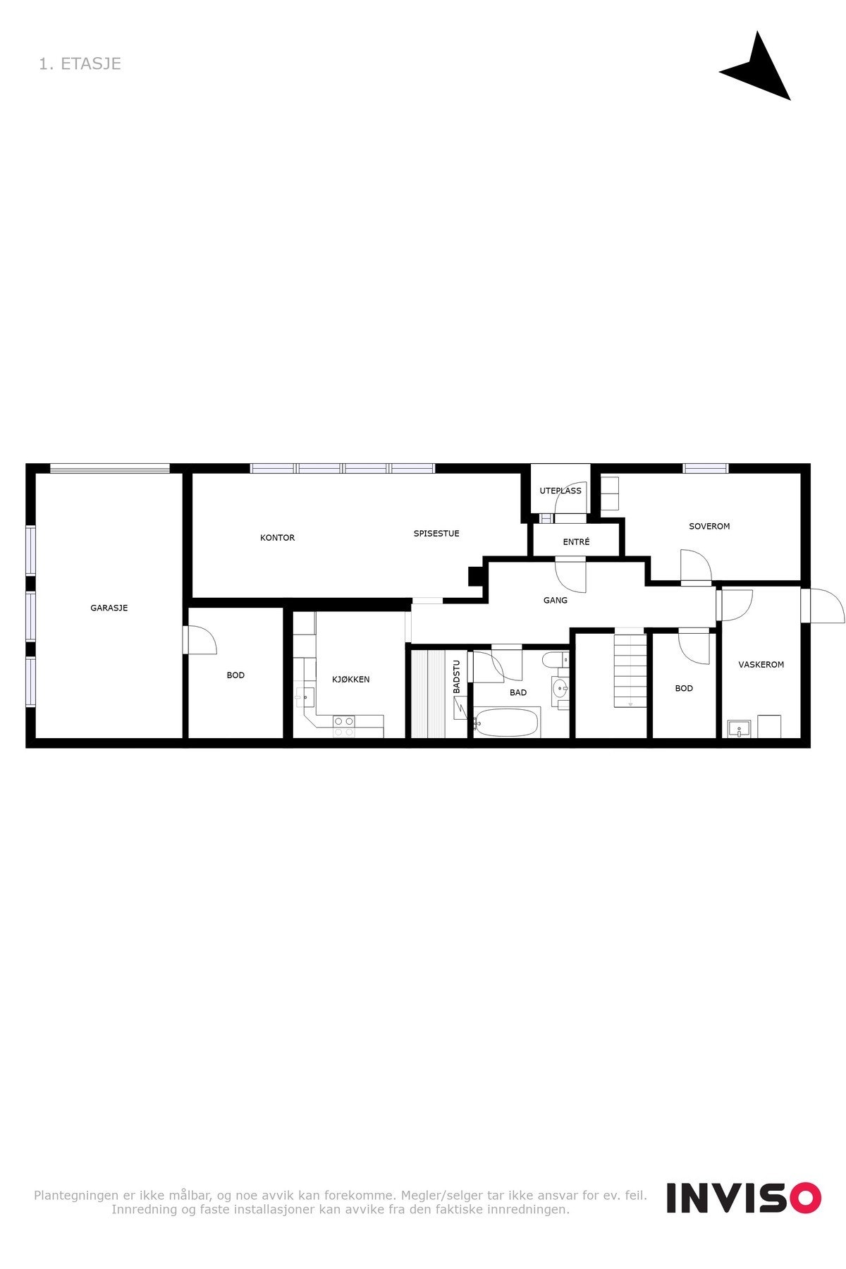 Plantegning over underetasjen i dag - Rommene kontor/spisestue, kjøkken og soverom er ikke godkjent for varig opphold Galleribilde