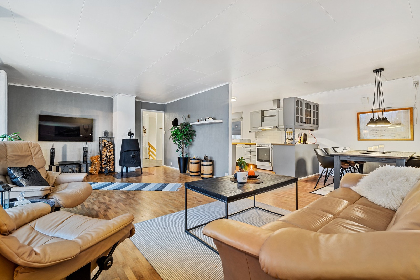 Lys og romslig stue med vedovn - perfekt for koselige vinterkvelder Galleribilde