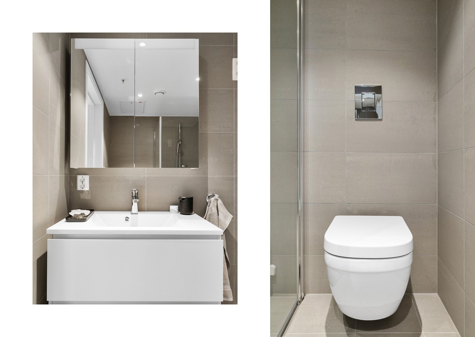 Hvit innredning med skuffer, speilskap og vegghengt toalett Galleribilde